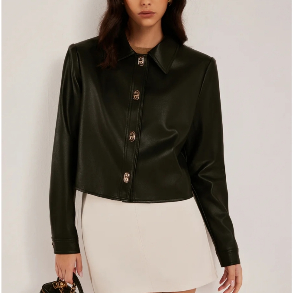 Women's Black Faux Leather Button-Up Jacket